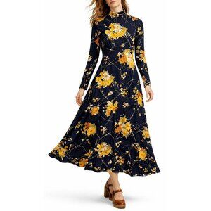 Vintage 70s Floral Maxi Dress A-Line Retro Mock Neck